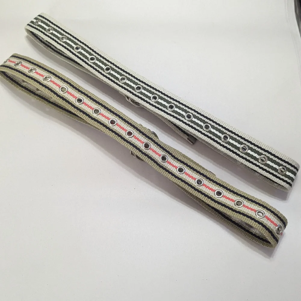 Vintage Preppy Pair Webbed Pinstripe Adj W Silver D Ring Closure Belts OS*